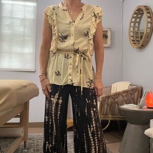 Karamello top from Brazil light weight tie waist ruffle button down blouse top